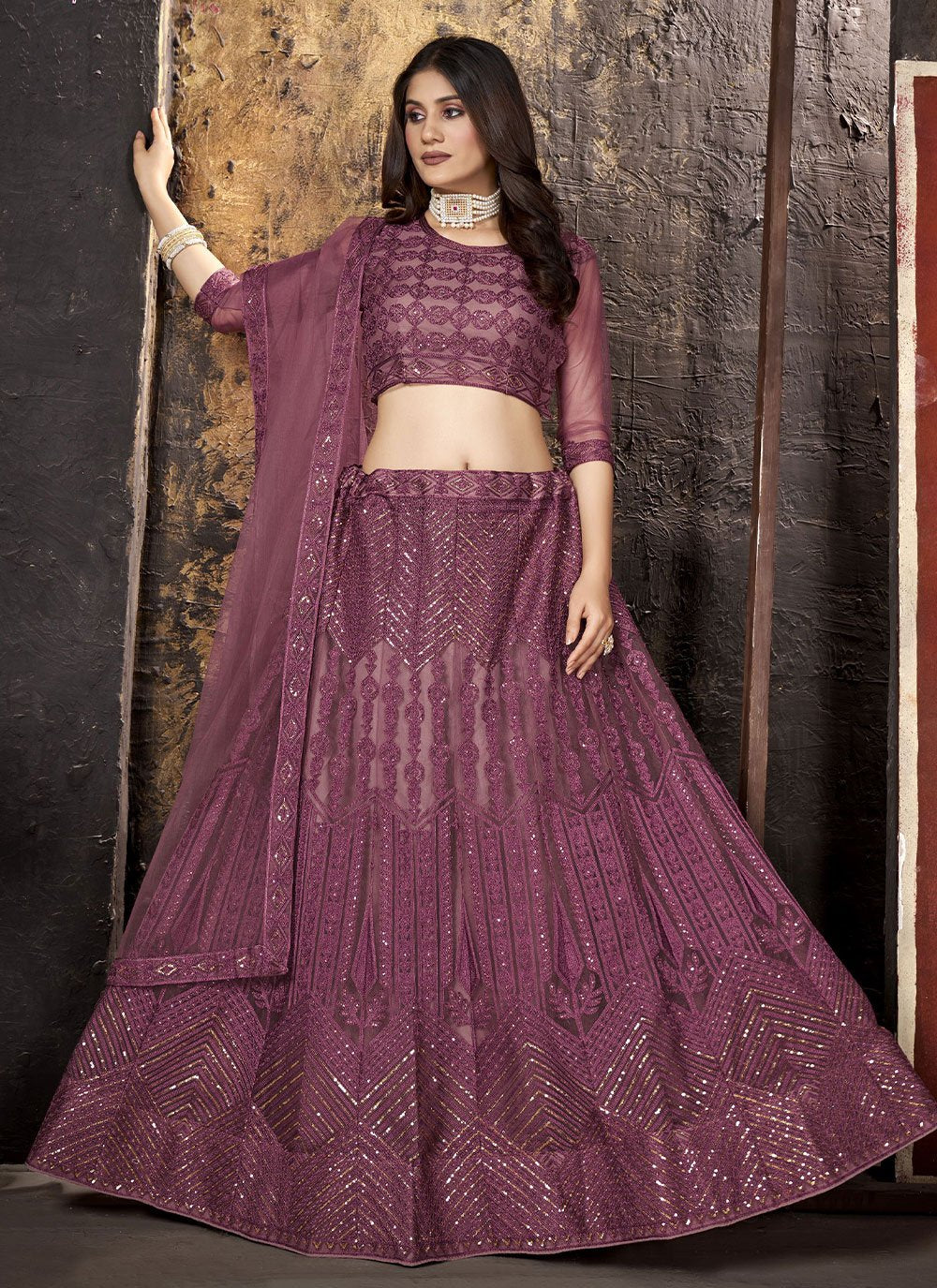 Lehenga Choli Net Mauve Embroidered Lehenga Choli