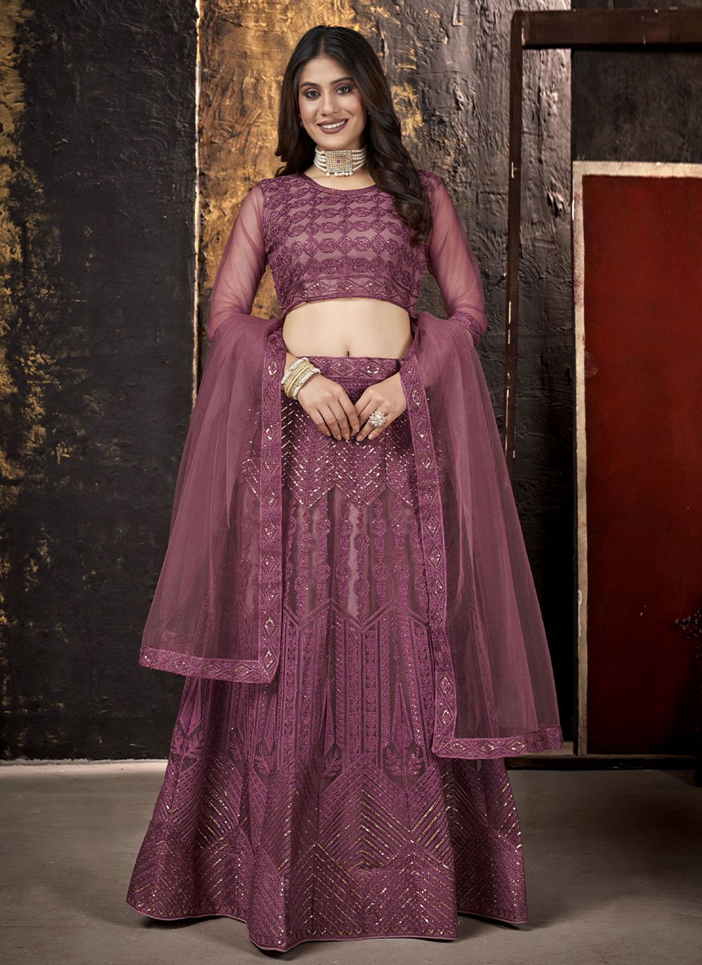 Lehenga Choli Net Mauve Embroidered Lehenga Choli