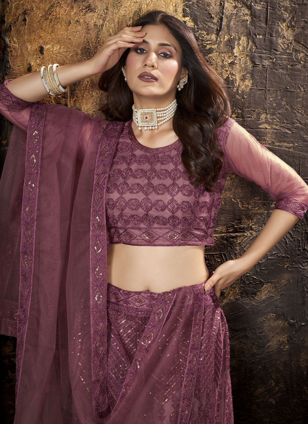 Lehenga Choli Net Mauve Embroidered Lehenga Choli