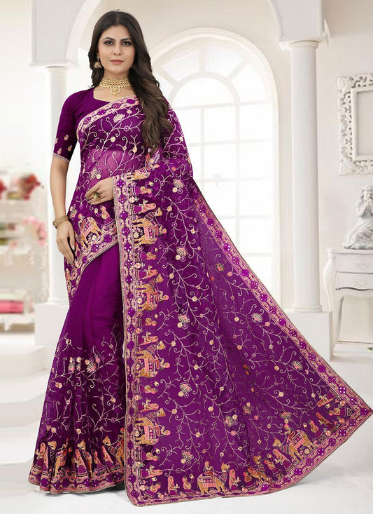 Traditional Saree Net Purple Embroidered Saree