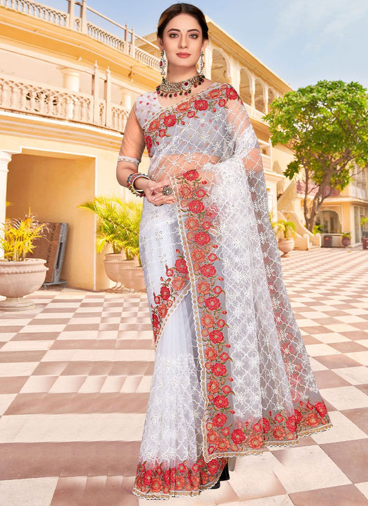 Classic Net White Embroidered Saree