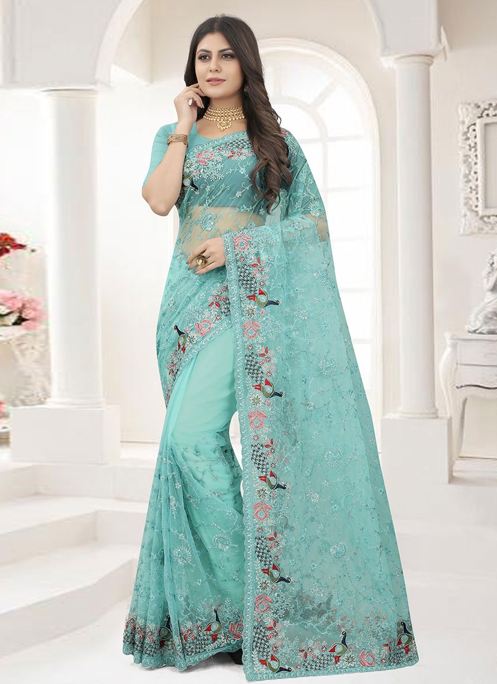 Contemporary Net Sea Green Embroidered Saree