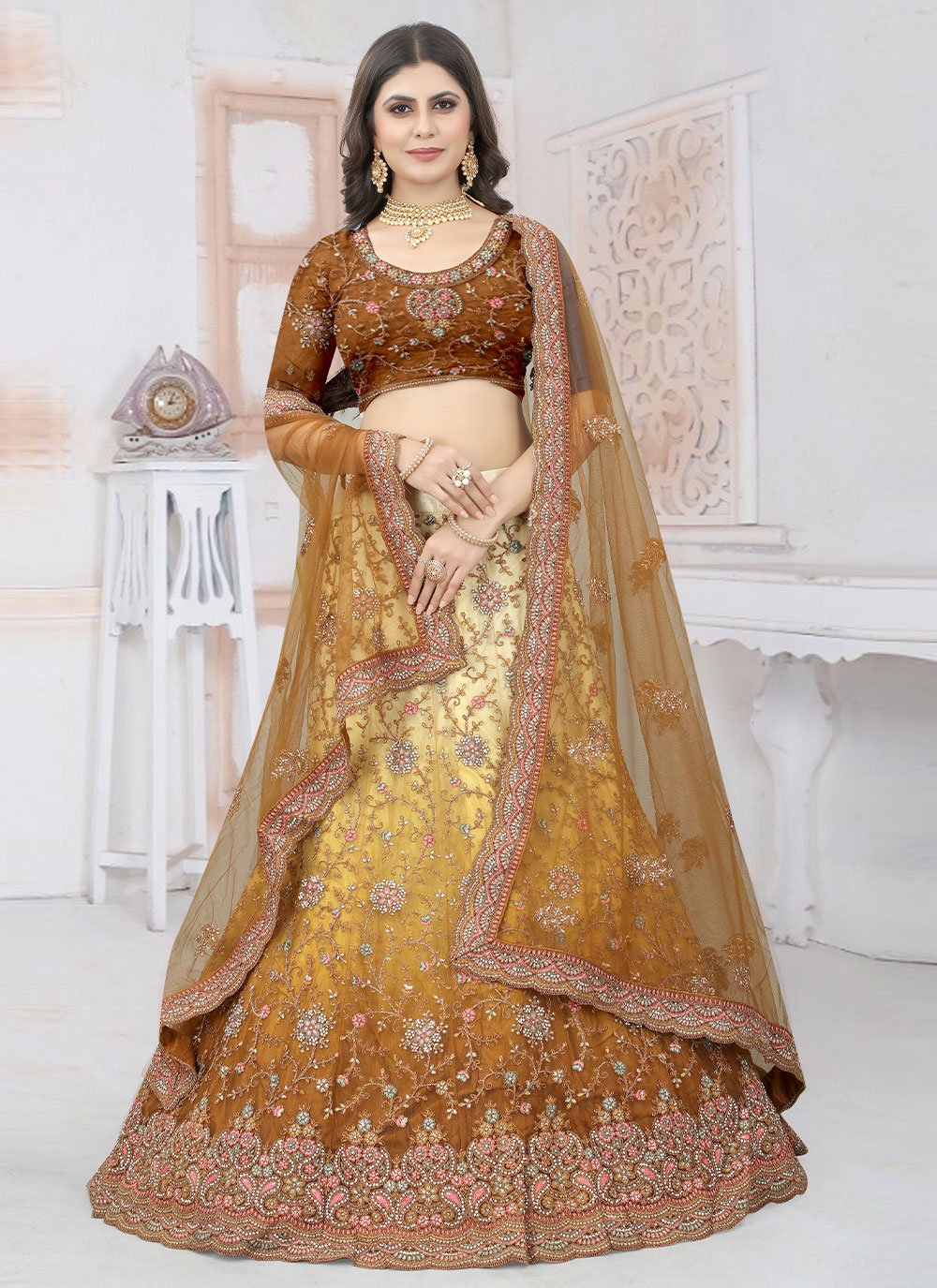 Lehenga Choli Net Mustard Embroidered Lehenga Choli