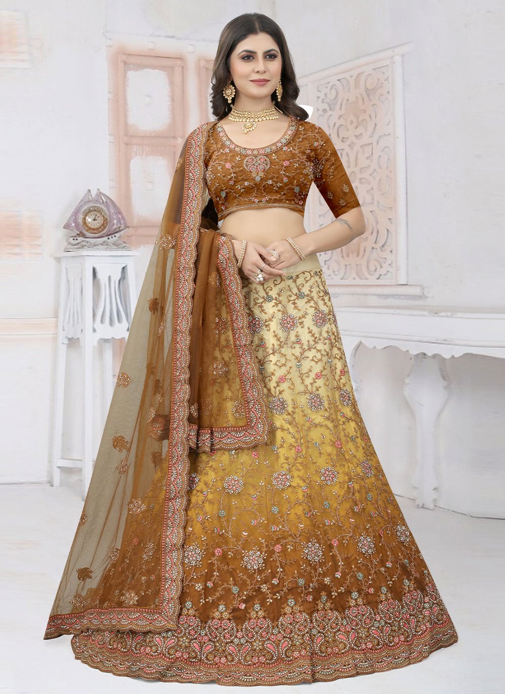 Lehenga Choli Net Mustard Embroidered Lehenga Choli