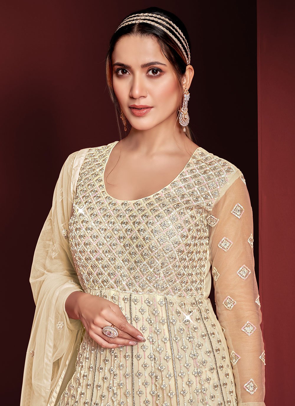 Floor Lenght Salwar Suit Net Off White Embroidered Salwar Kameez