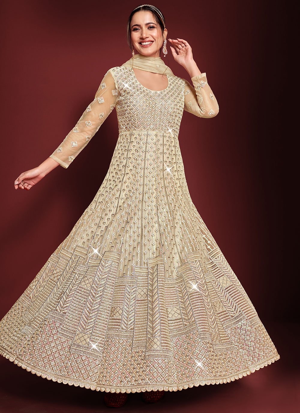 Floor Lenght Salwar Suit Net Off White Embroidered Salwar Kameez