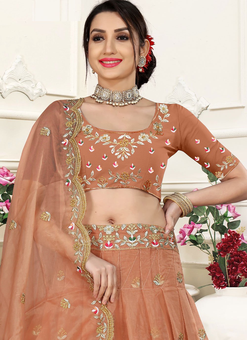 Lehenga Choli Organza Brown Embroidered Lehenga Choli