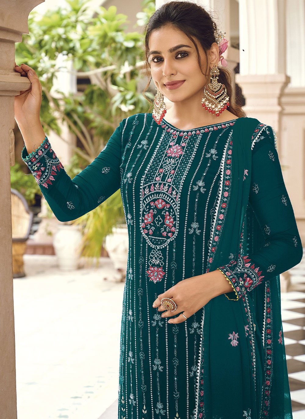 Pant Style Suit Georgette Teal Embroidered Salwar Kameez