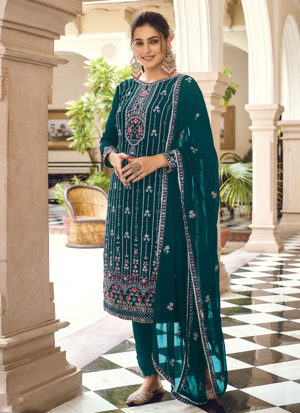 Pant Style Suit Georgette Teal Embroidered Salwar Kameez