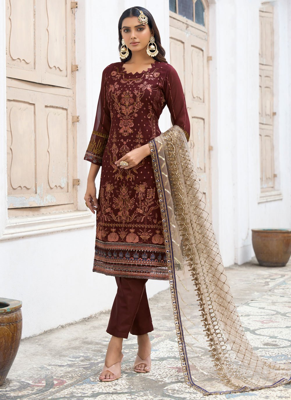 Pant Style Suit Faux Georgette Maroon Embroidered Salwar Kameez