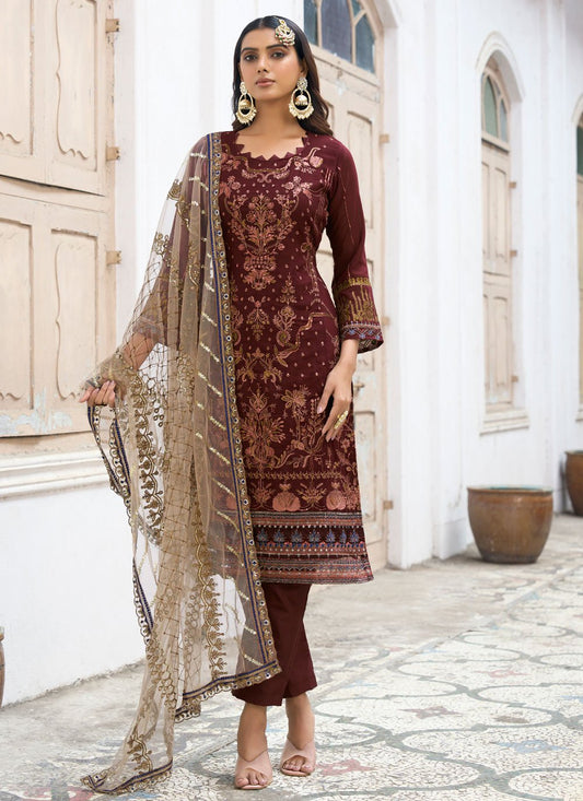 Pant Style Suit Faux Georgette Maroon Embroidered Salwar Kameez