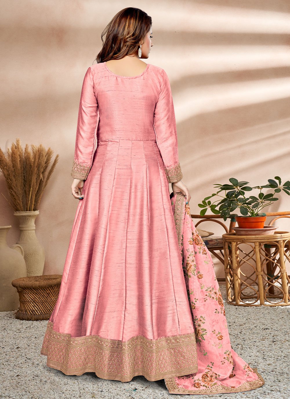 Salwar Suit Art Silk Pink Embroidered Salwar Kameez