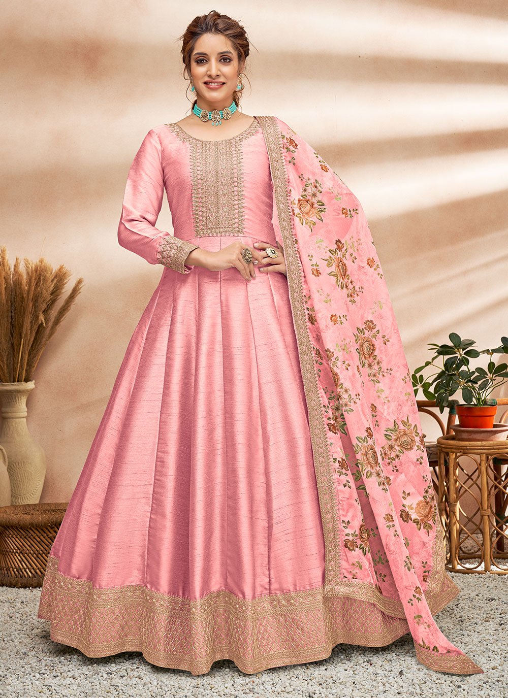 Salwar Suit Art Silk Pink Embroidered Salwar Kameez