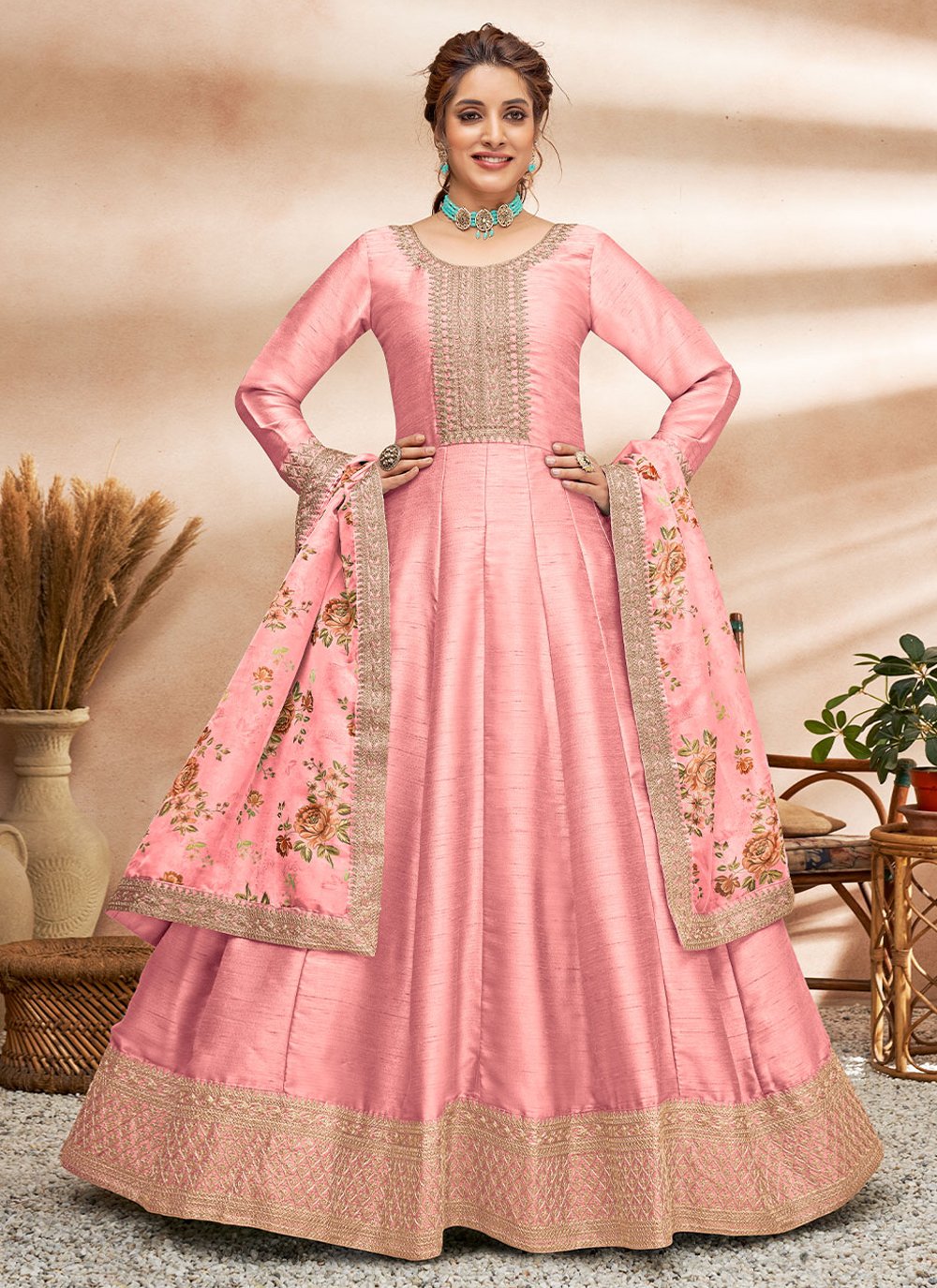 Salwar Suit Art Silk Pink Embroidered Salwar Kameez