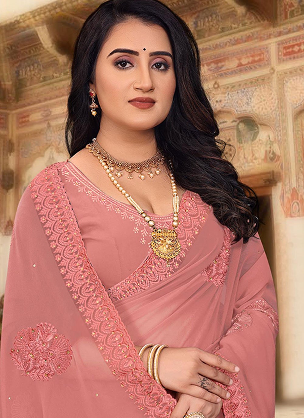 Classic Georgette Pink Embroidered Saree