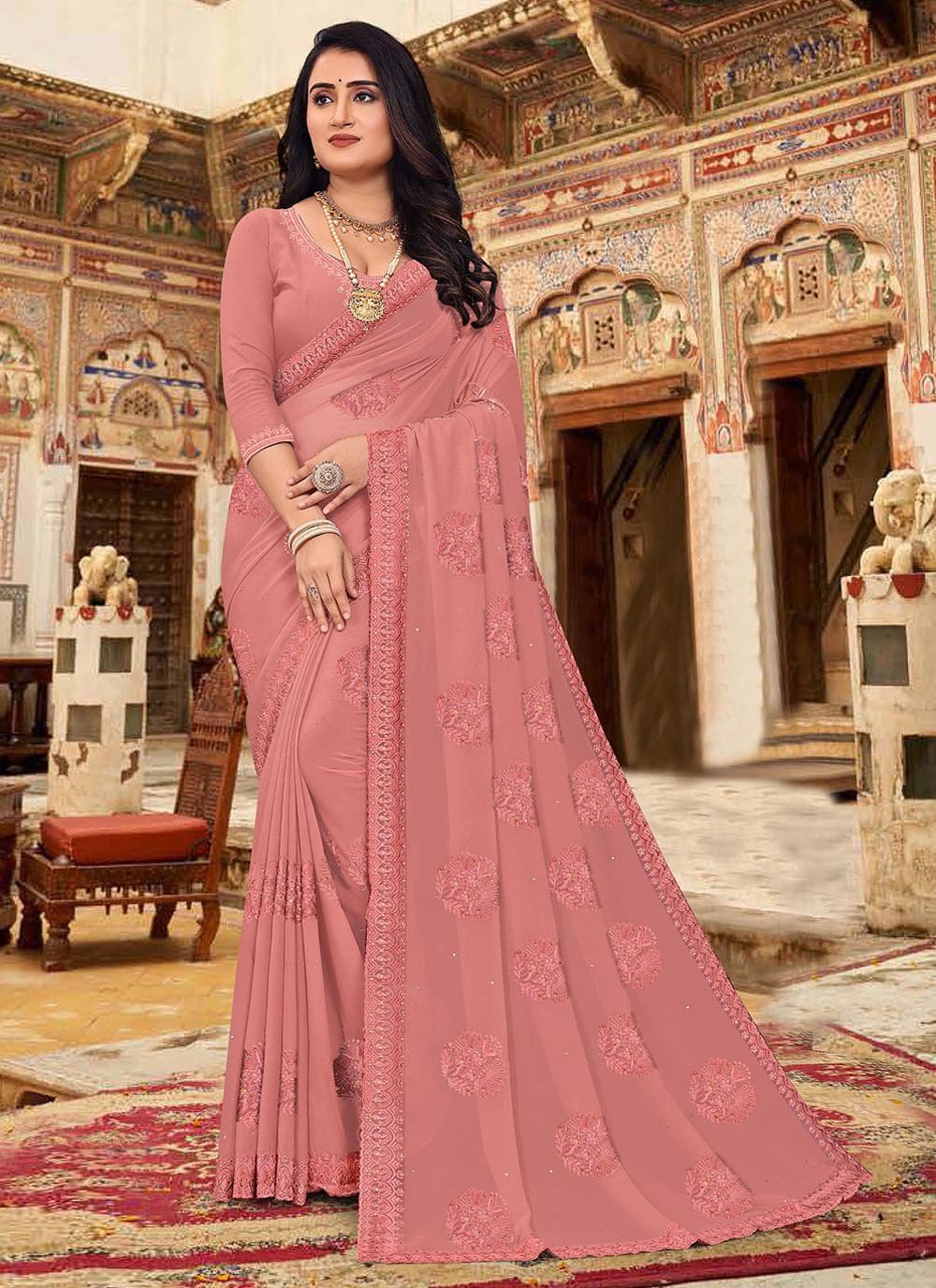 Classic Georgette Pink Embroidered Saree