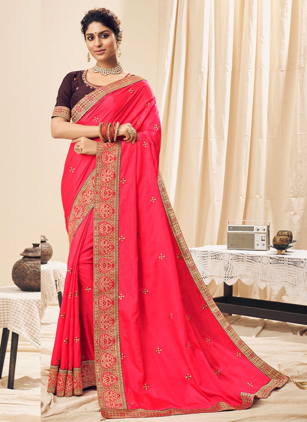 Classic Silk Pink Embroidered Saree