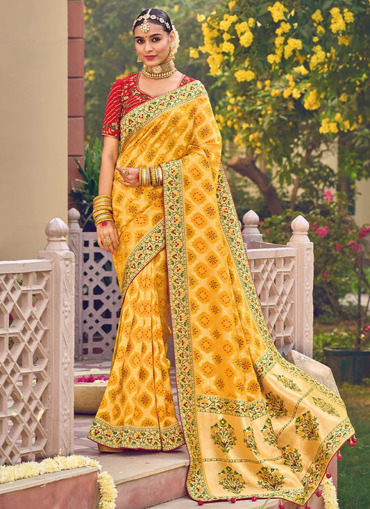 Classic Pure Georgette Viscose Yellow Embroidered Saree