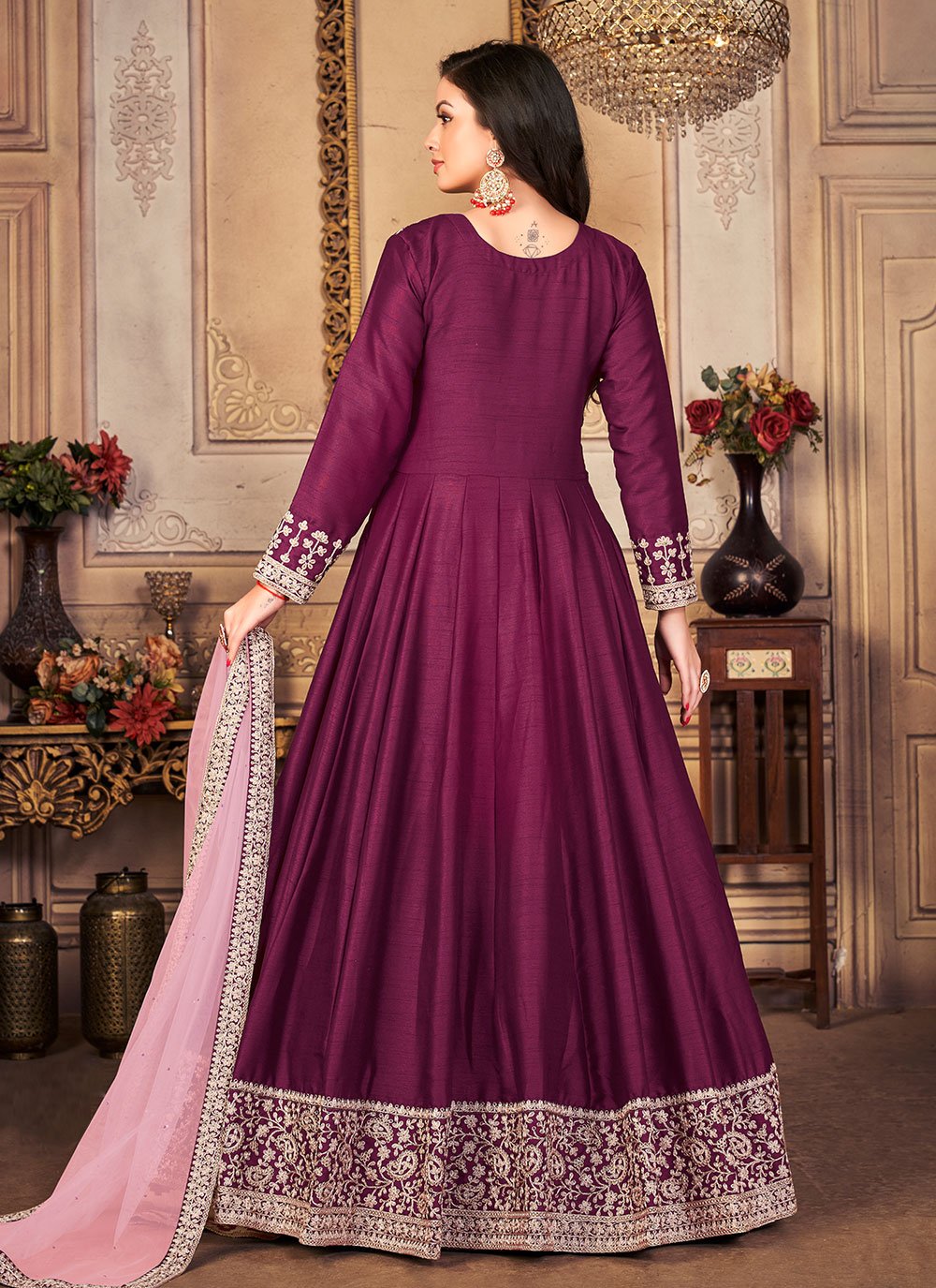 Anarkali Suit Art Silk Purple Embroidered Salwar Kameez