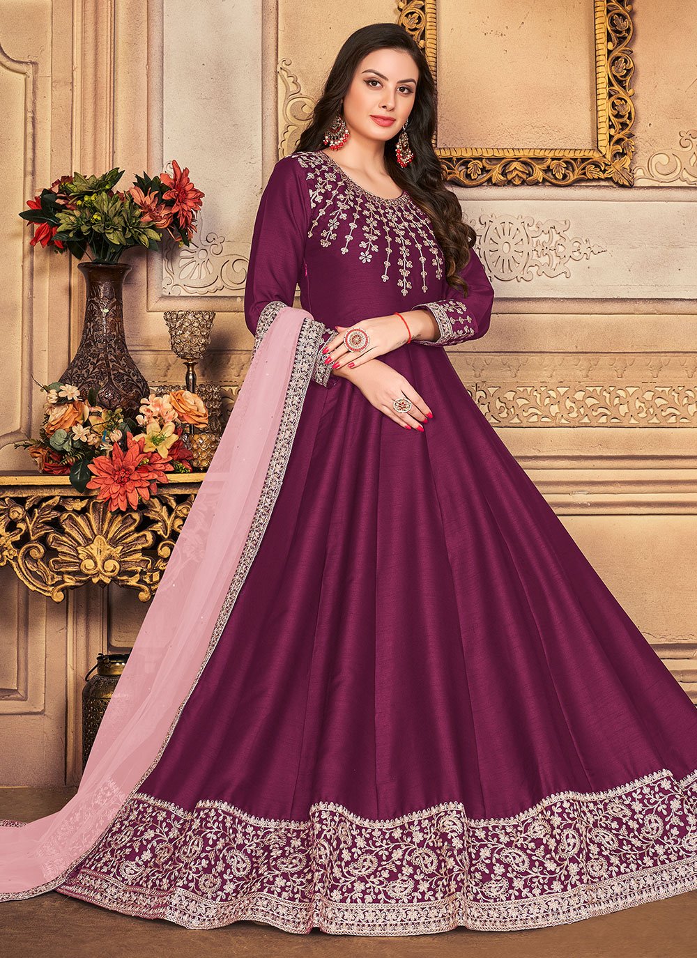 Anarkali Suit Art Silk Purple Embroidered Salwar Kameez