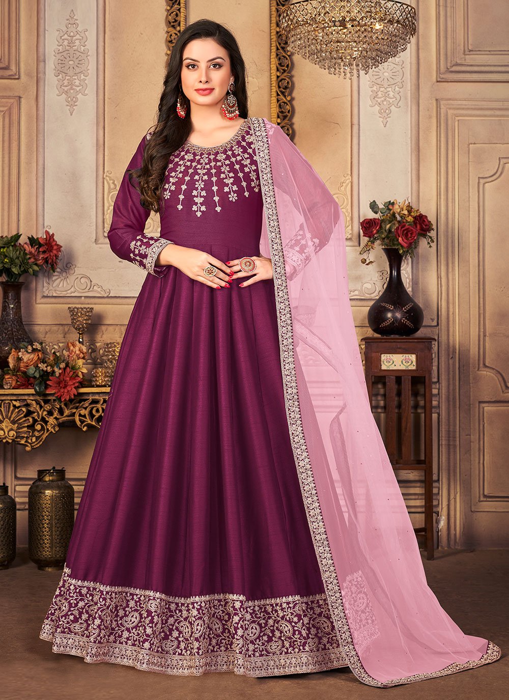 Anarkali Suit Art Silk Purple Embroidered Salwar Kameez