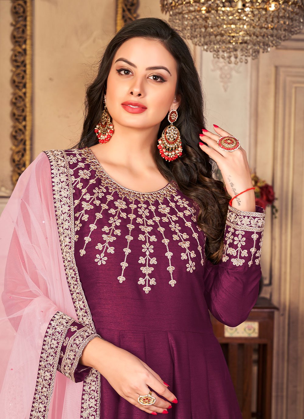 Anarkali Suit Art Silk Purple Embroidered Salwar Kameez