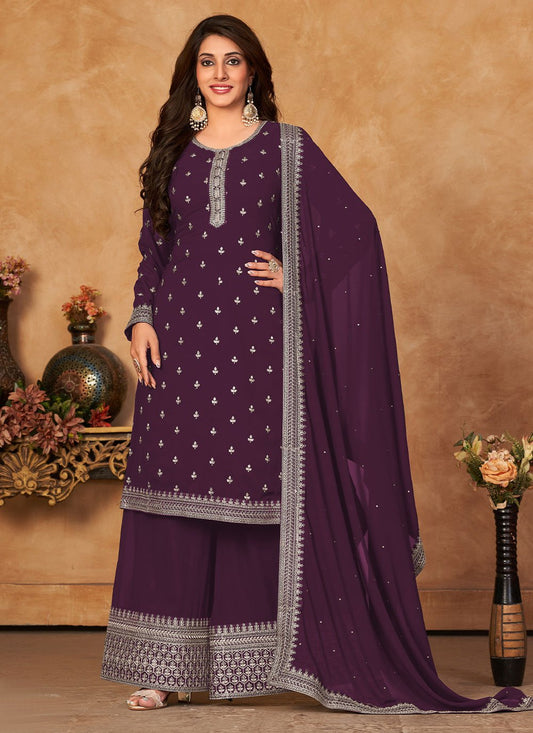 Palazzo Salwar Suit Faux Georgette Purple Embroidered Salwar Kameez