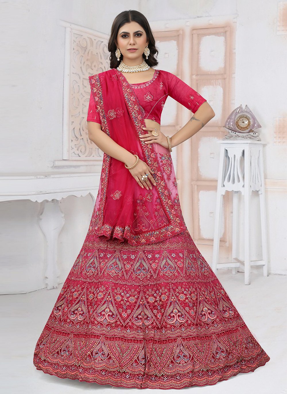 Readymade Lehenga Choli Net Rani Embroidered Lehenga Choli