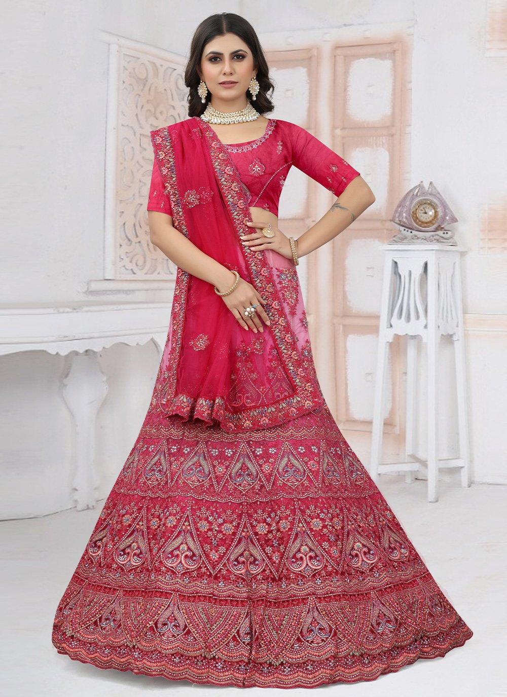 Readymade Lehenga Choli Net Rani Embroidered Lehenga Choli