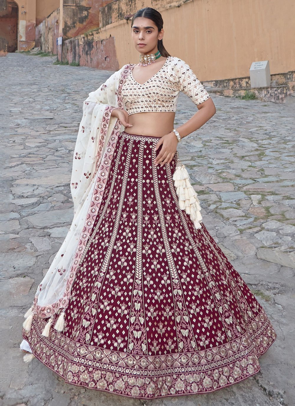 A Line Lehenga Pure Georgette Maroon Embroidered Lehenga Choli