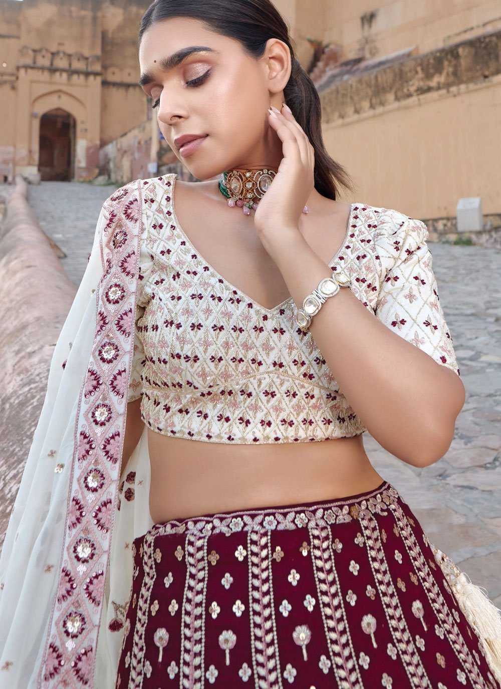 A Line Lehenga Pure Georgette Maroon Embroidered Lehenga Choli