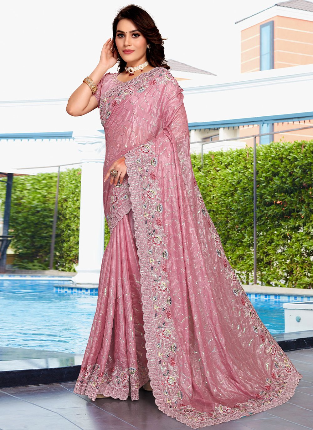 Classic Crepe Silk Pink Embroidered Saree