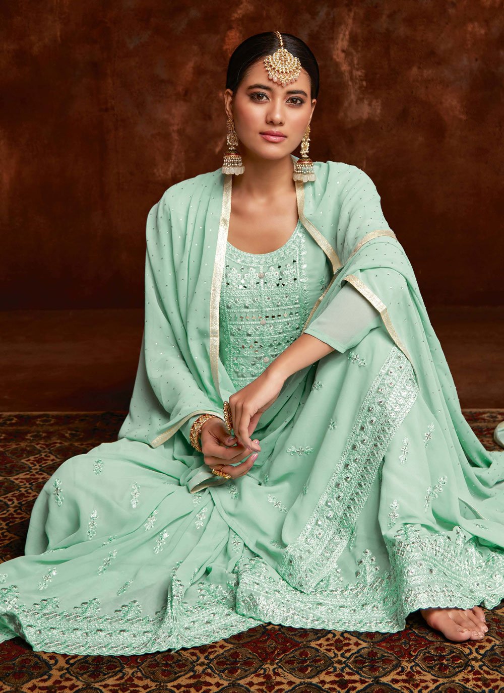 Palazzo Salwar Suit Georgette Sea Green Embroidered Salwar Kameez