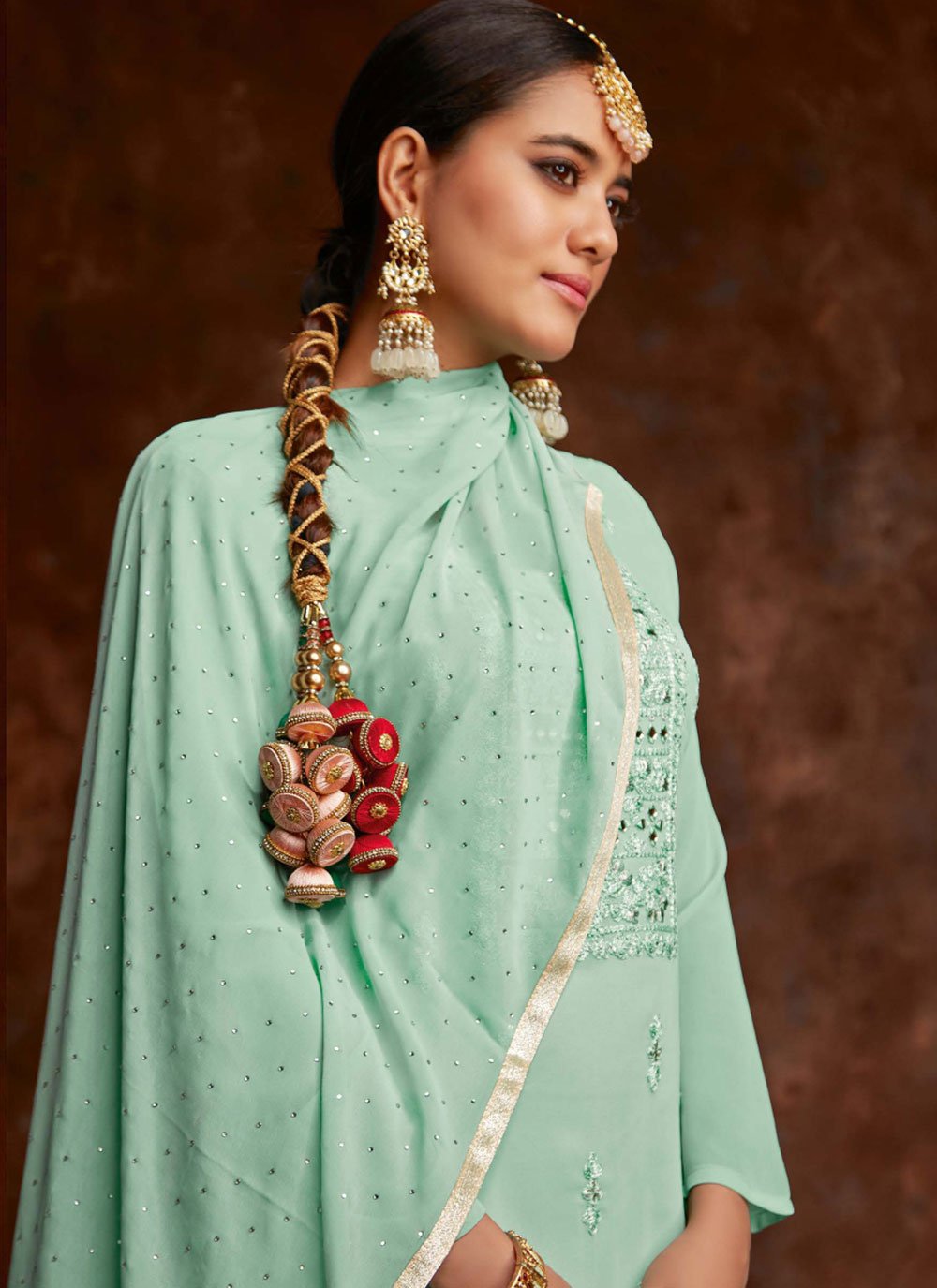 Palazzo Salwar Suit Georgette Sea Green Embroidered Salwar Kameez