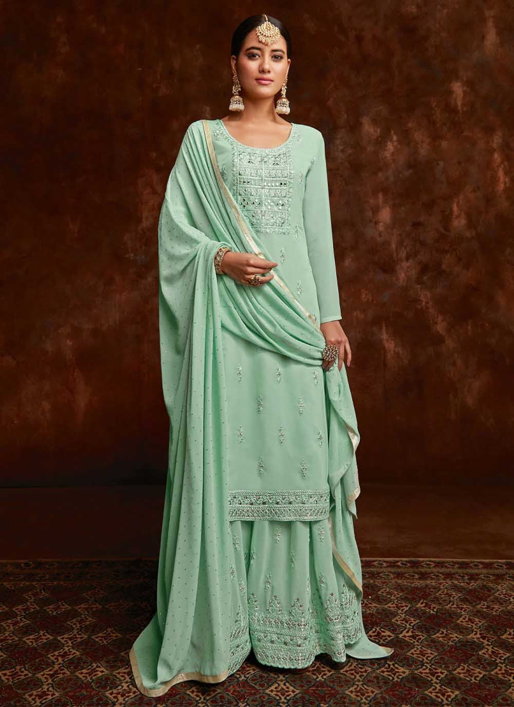 Palazzo Salwar Suit Georgette Sea Green Embroidered Salwar Kameez