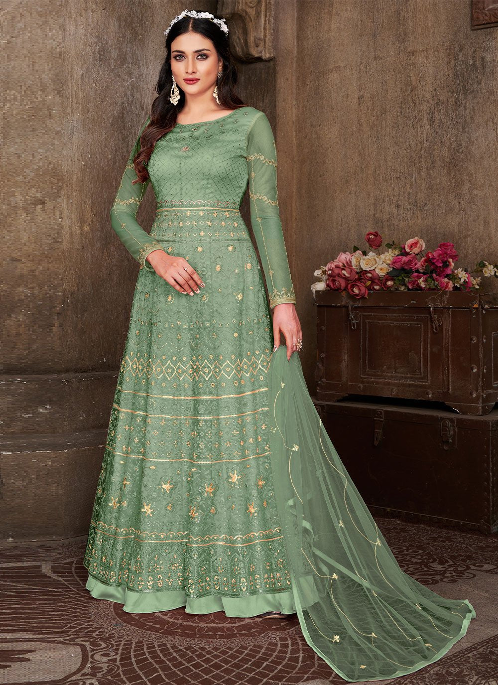 Floor Lenght Salwar Suit Net Sea Green Embroidered Salwar Kameez