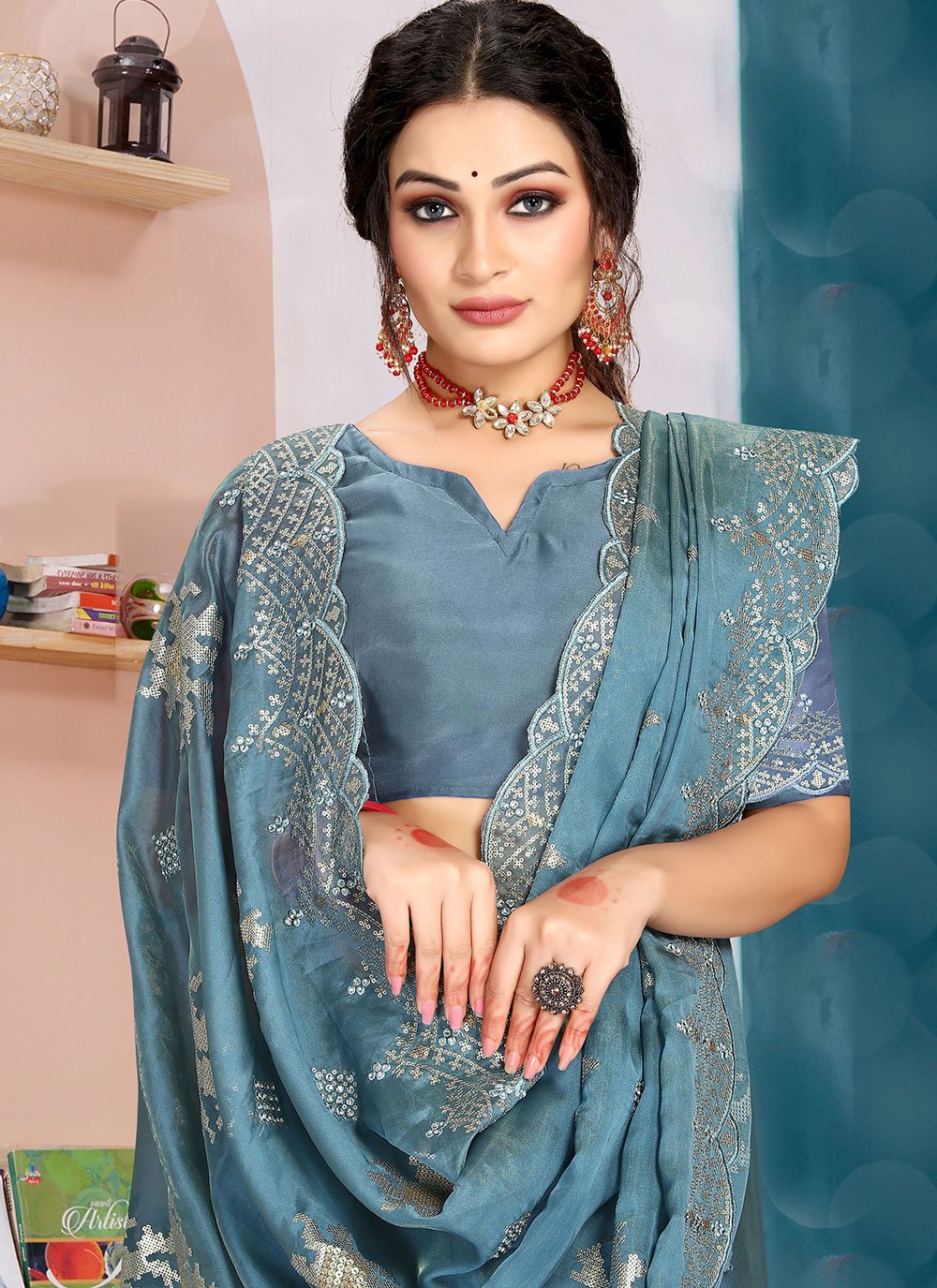 Classic Organza Silk Blue Diamond Saree