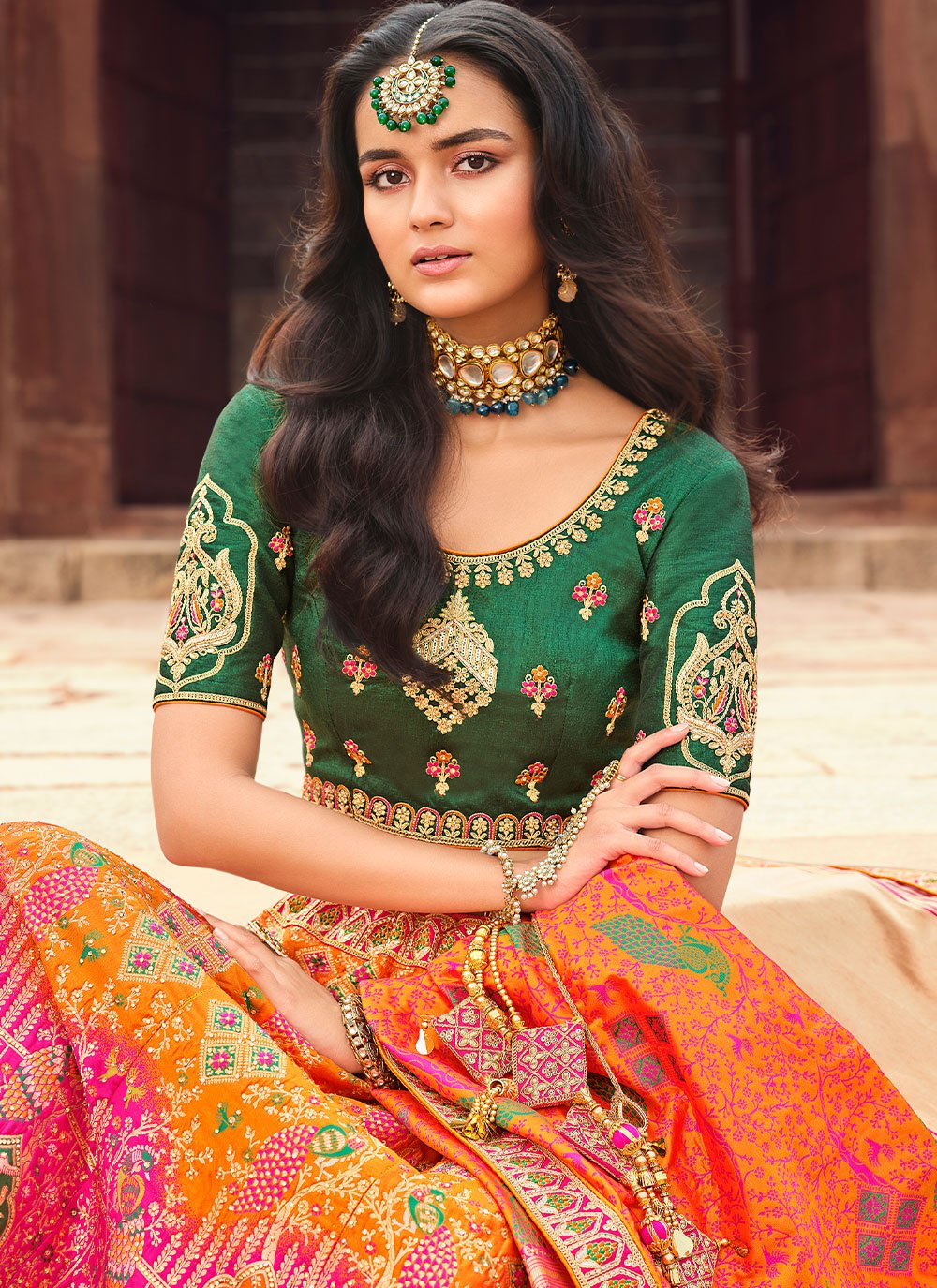 Lehenga Choli Silk Orange Pink Embroidered Lehenga Choli