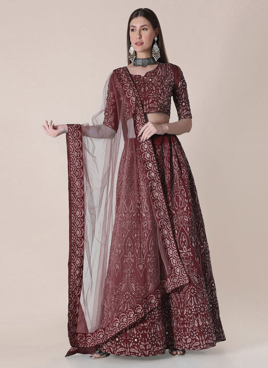 A Line Lehenga Tafeta Silk Maroon Embroidered Lehenga Choli