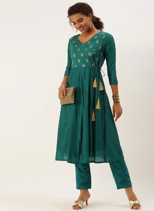 Designer Kurti Chanderi Viscose Teal Embroidered Kurtis