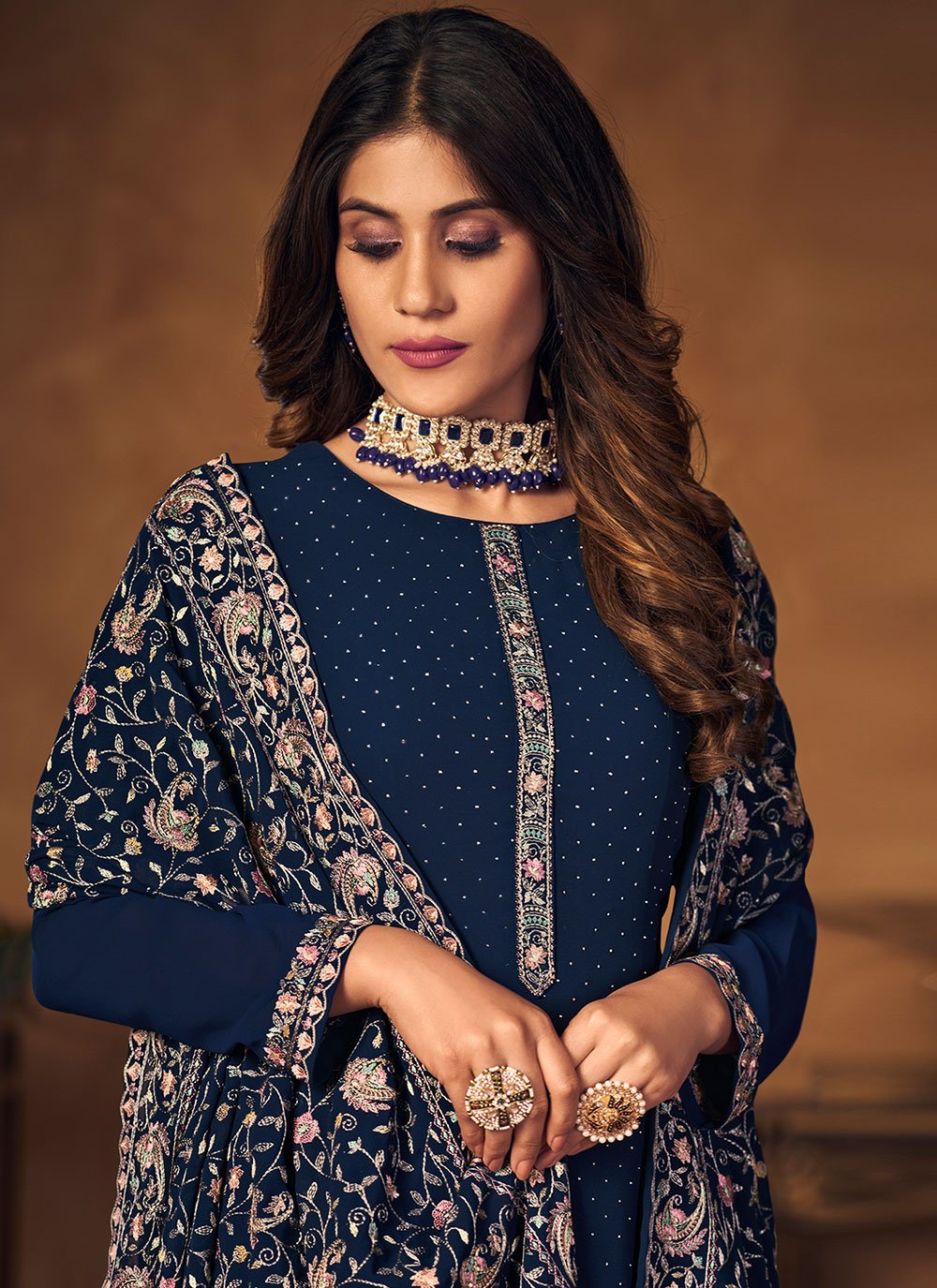 Trendy Suit Georgette Blue Crystals Salwar Kameez