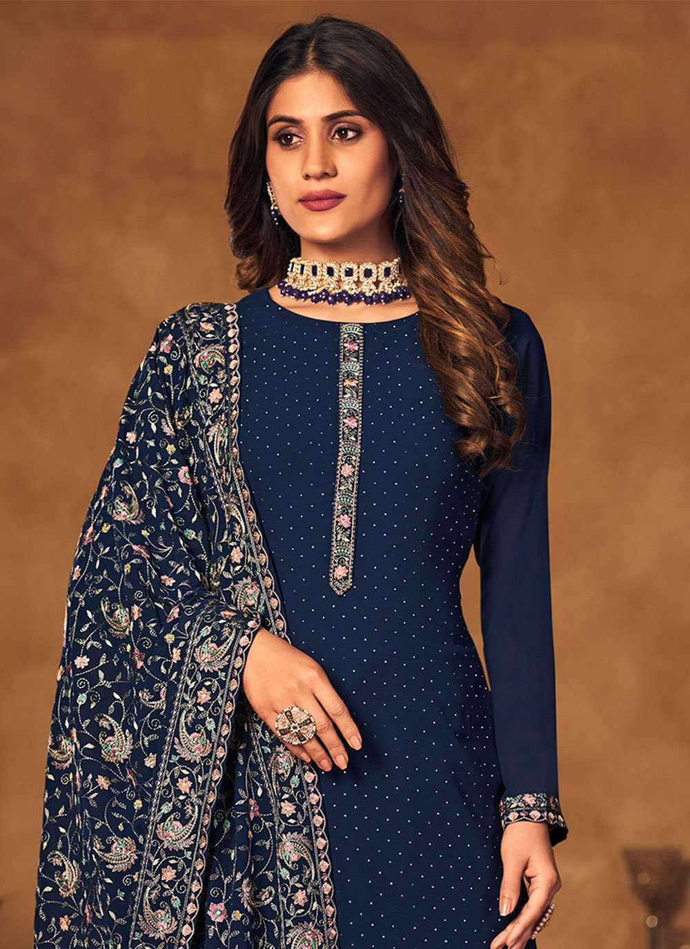 Trendy Suit Georgette Blue Crystals Salwar Kameez