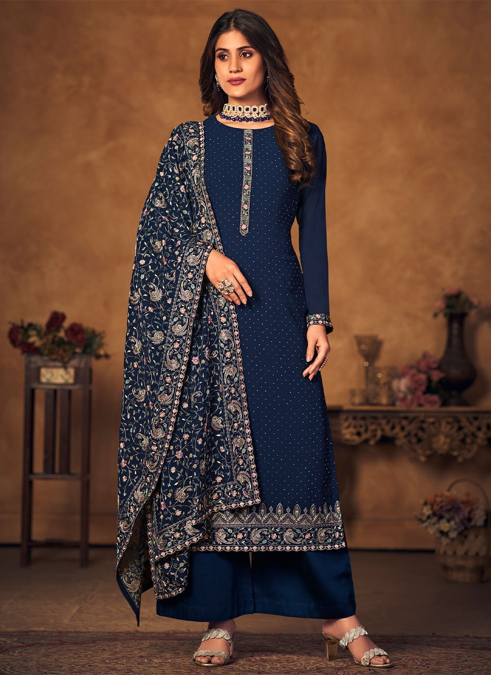 Trendy Suit Georgette Blue Crystals Salwar Kameez