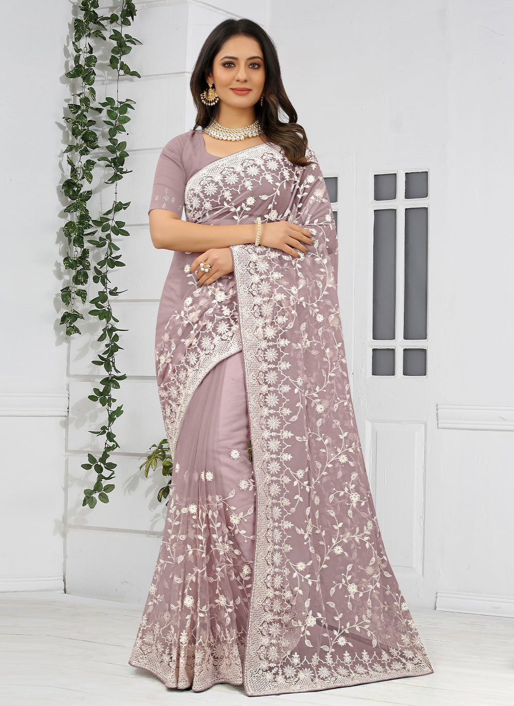 Traditional Saree Net Lavender Embroidered Saree