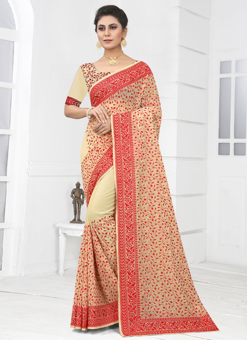 Trendy Saree Georgette Cream Embroidered Saree