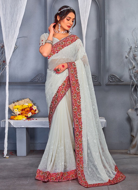 Trendy Saree Georgette Off White Embroidered Saree