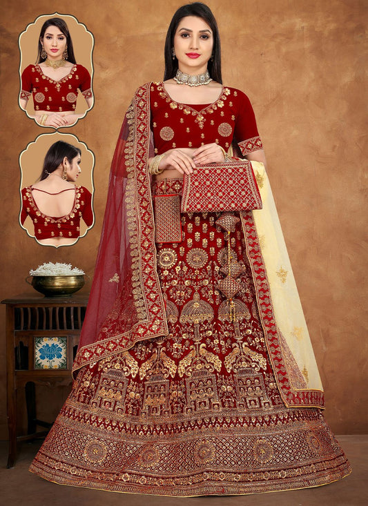 Lehenga Choli Velvet Maroon Embroidered Lehenga Choli