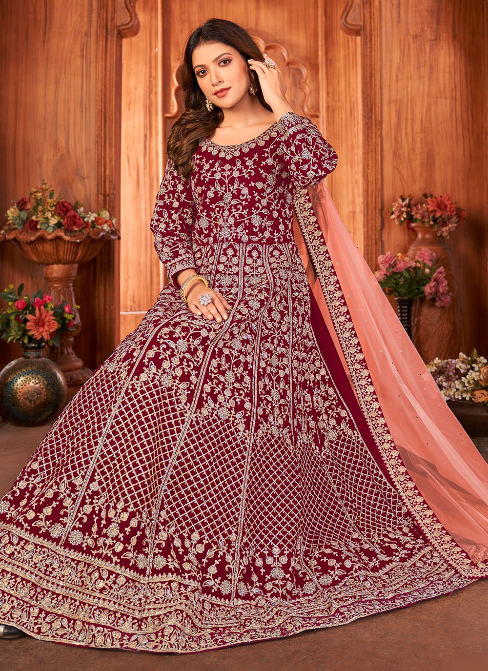 Salwar Suit Velvet Maroon Embroidered Salwar Kameez