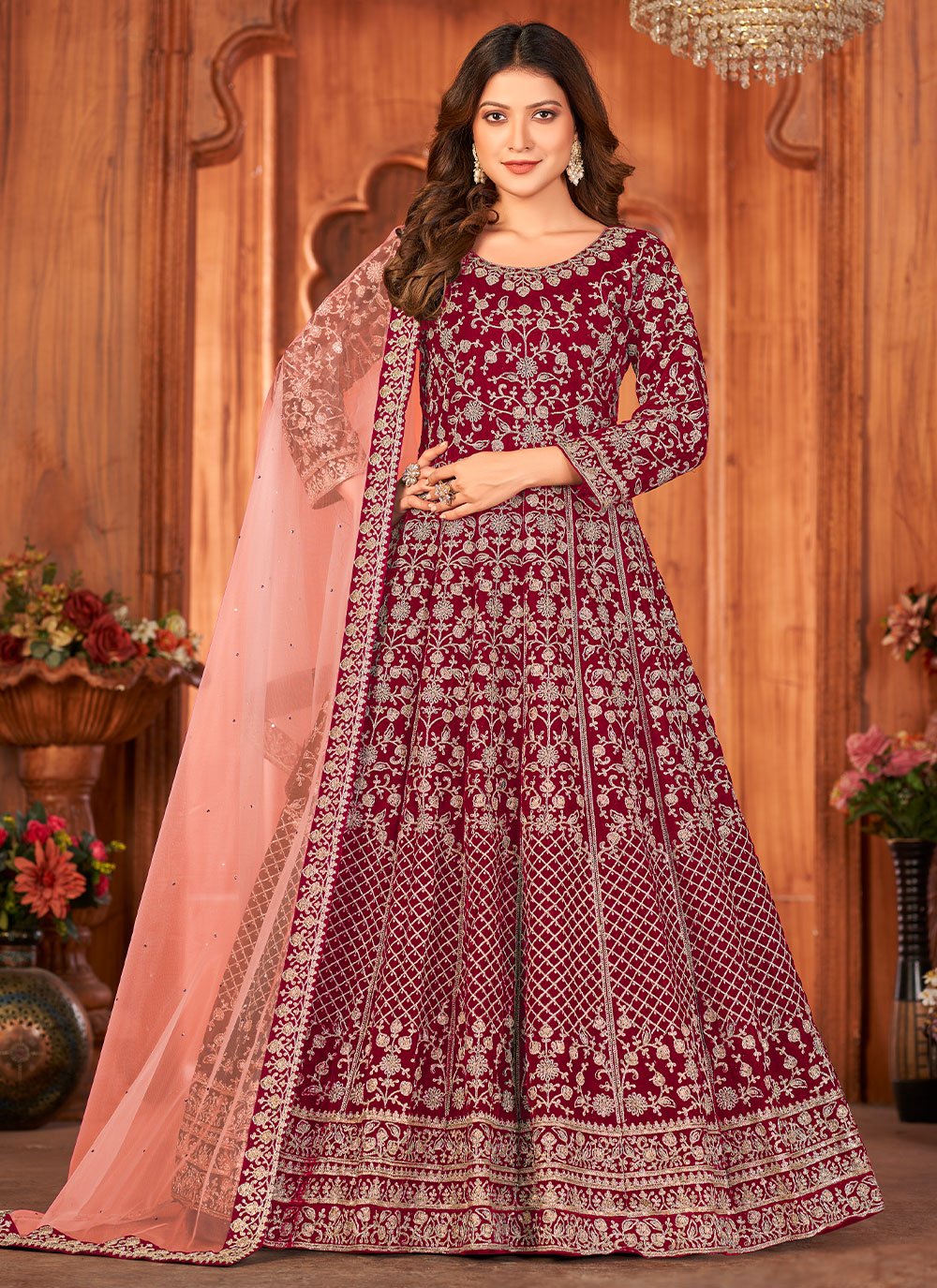 Salwar Suit Velvet Maroon Embroidered Salwar Kameez