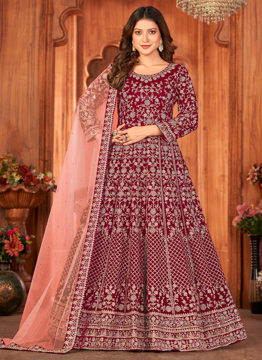Salwar Suit Velvet Maroon Embroidered Salwar Kameez
